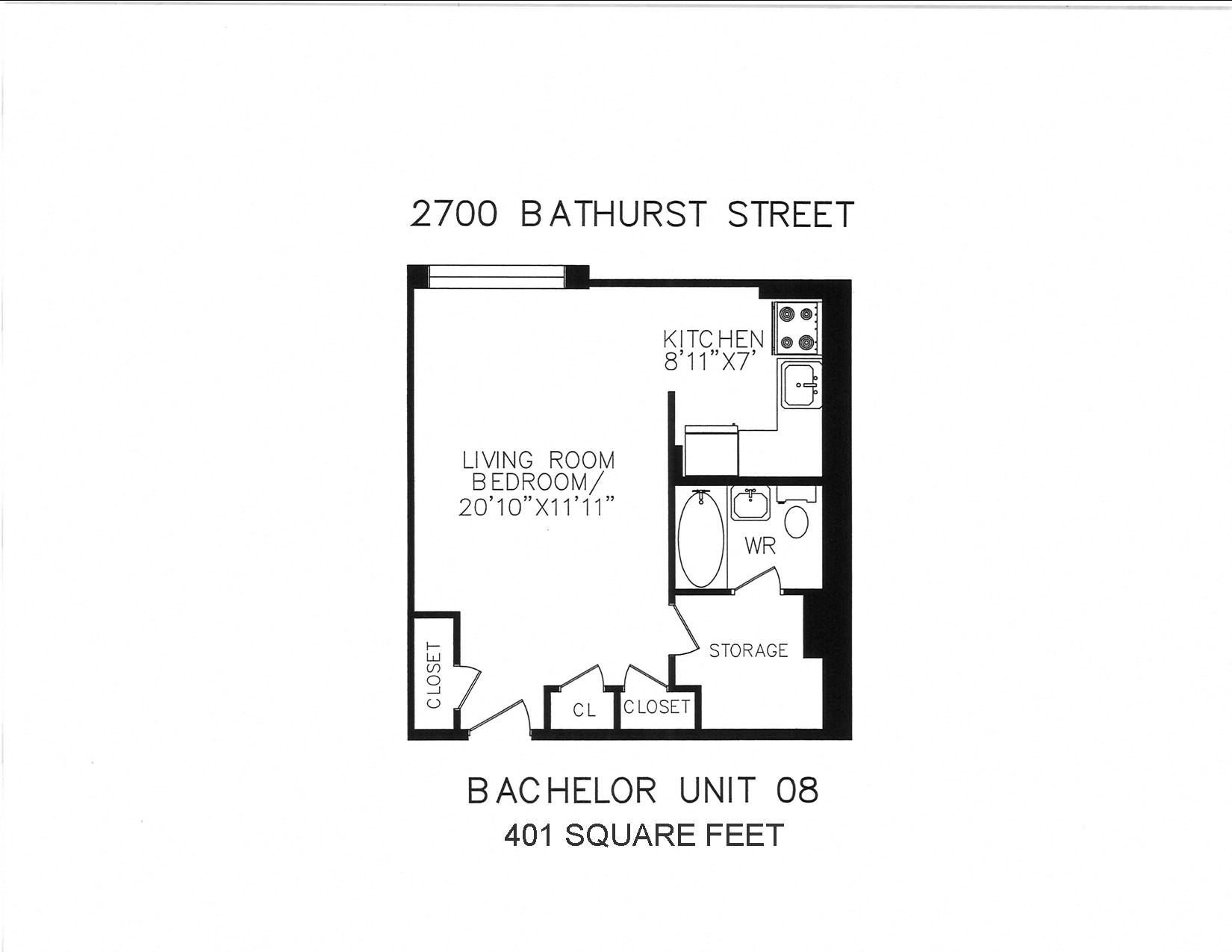 Floor plan for studio, 1 bath, 401 sqft
